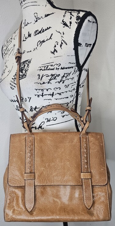 Frye Handbags - Frye Tan Distressed Leather Reed Flap Satchel Bag Purse Shoulderbag Top Handle